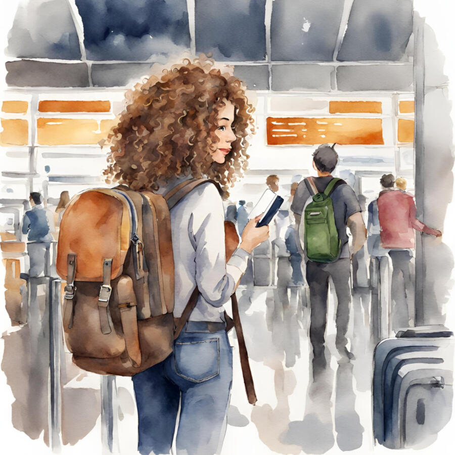 woman with a bookbag, holding a ticket in the airport