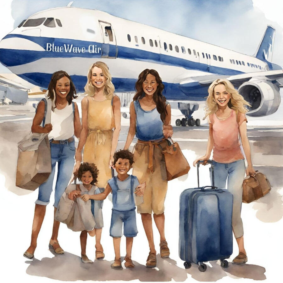 group of friends and children standing on a tarmac beside an airplane